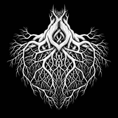 Intricately Detailed Symmetrical Tree Root System in Monochromatic White-On-Black