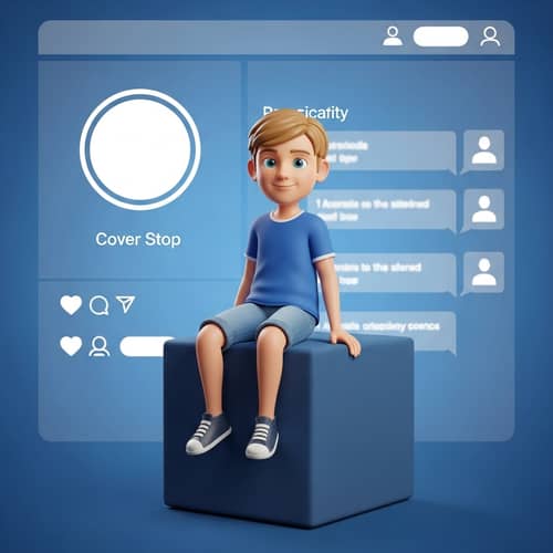 Caucasian Boy on Cube in Blue T-Shirt and Denim Shorts