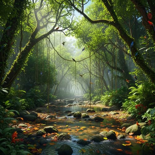 Vibrant Tropical Rainforest Scene: Lush Trees, Exotic Birds | Website