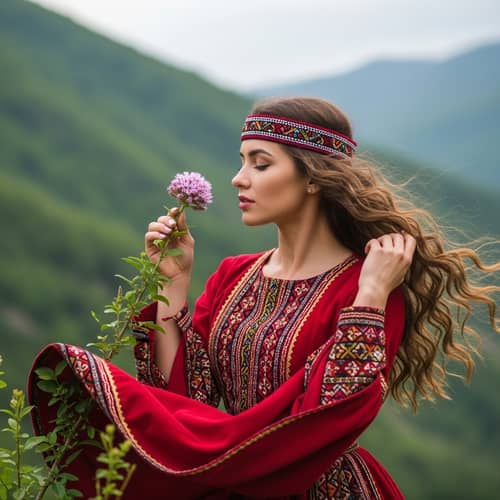 Armenian Woman in Traditional Dress Admiring Flower in Mountain Landscape
