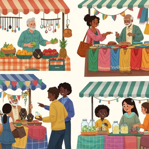 Multicultural Marketplace: Fruits, Jewelry, Textiles & Lemonade