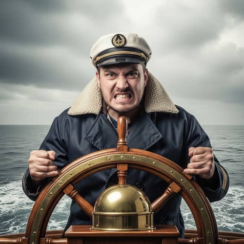 Intense Seafarer Steering Ship's Wheel in Storm