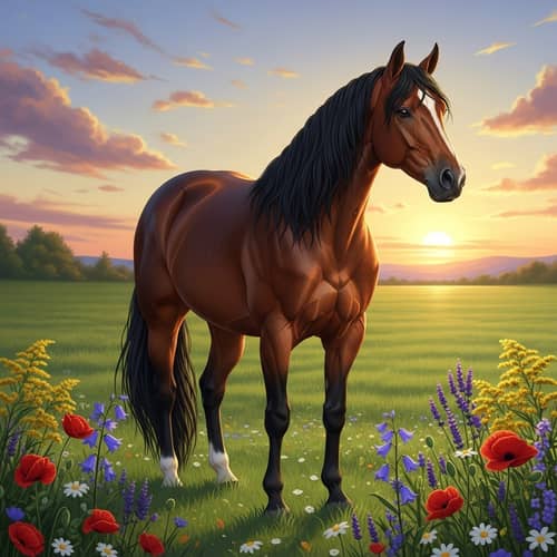 Beautiful Horse in Plush Green Pasture | Golden Sunset View