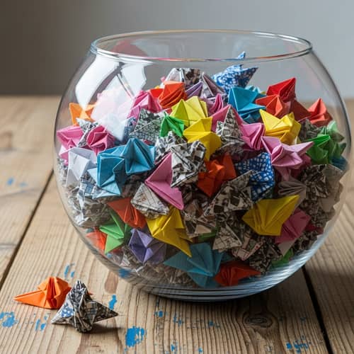 Multicolored Origami Papers in Transparent Fishbowl