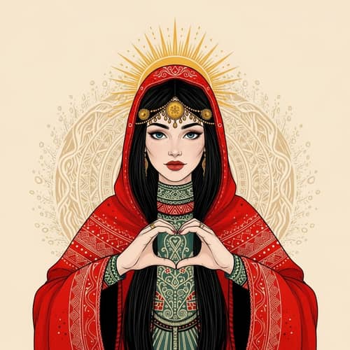 Ancient Slavic Mythology Art: Woman in Red Cloak Forming Heart Shape