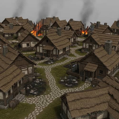 Rustic Peasant Village Scene Aftermath of a Fire