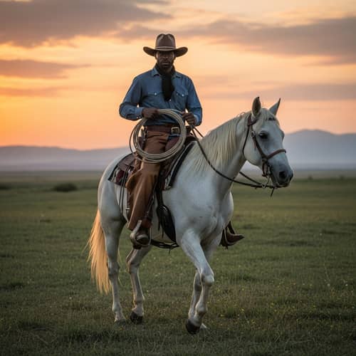 Black Male Cowboy Riding White Stallion in the Old West