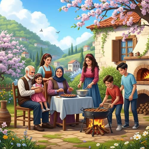 Charming Levantine Village Family Celebrating New Year with Homemade Desserts