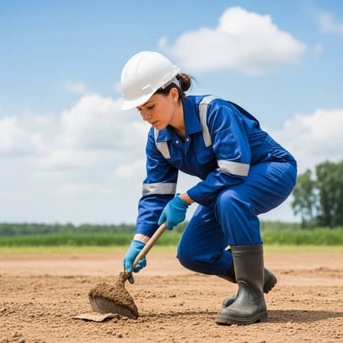 Caucasian Environmental Engineer in Blue Uniform with Safety Helmet