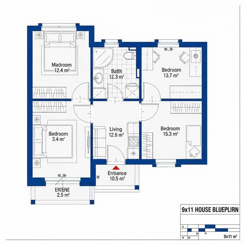 Efficient 9x11 House Blueprint with 2 Bedrooms and Bathroom