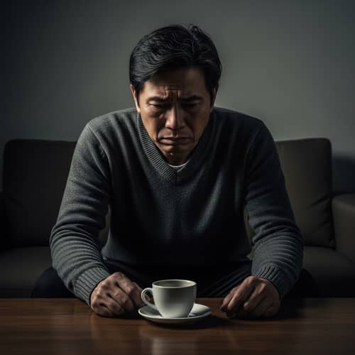 Middle-aged Asian Man in Dimly Lit Room | Sorrow and Loneliness