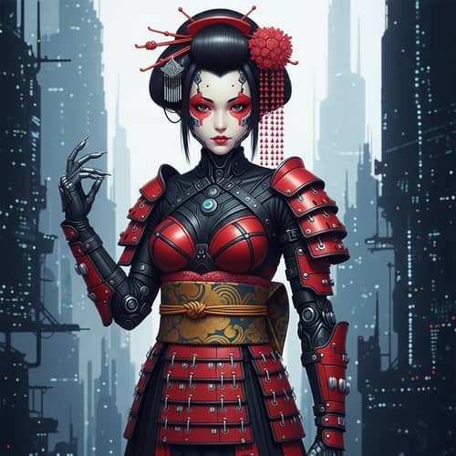 Geisha Cyborg Girl in Futuristic Leather Armor