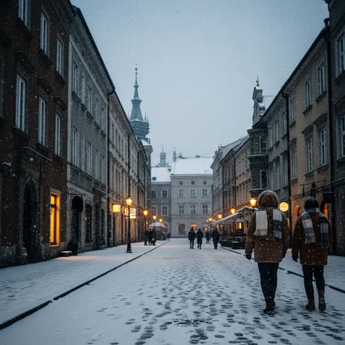 Snow-Covered Street in Krakow | Winter Evening Scene