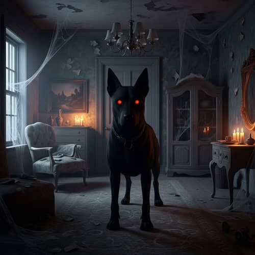 Eerie Haunted House with Black Dog and Red Eyes