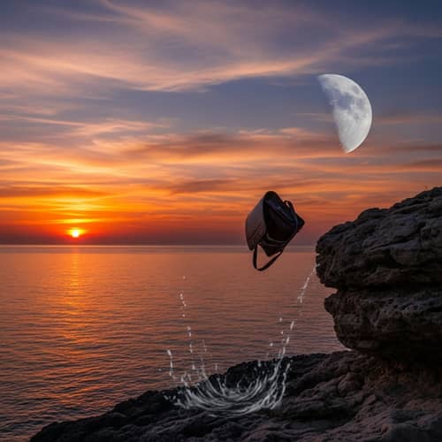 School Bag Plunging into Sea: Sunset to Moonrise Transition