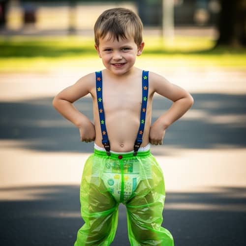 Mischievous Young Boy in Colorful Plastic Pants and Diaper - Vibrant Outdoor Portrait