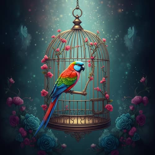 Colorful Exotic Bird in Vintage Birdcage - Fantasy Artwork