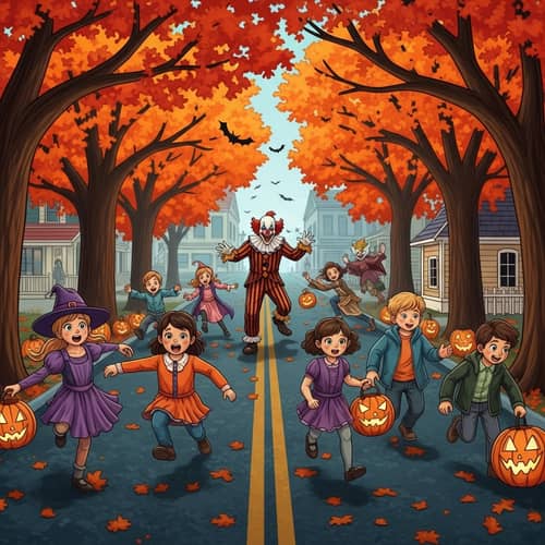 Vibrant Halloween Chaos: Children Fleeing Evil Clown