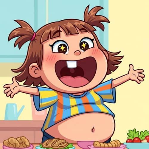 Excited Girl Ready to Enjoy Large Meal - Fun Cartoon Character