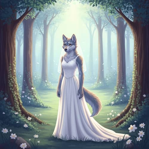 Elegant Wolf Girl in White Wedding Gown - Enchanting Forest Portrait