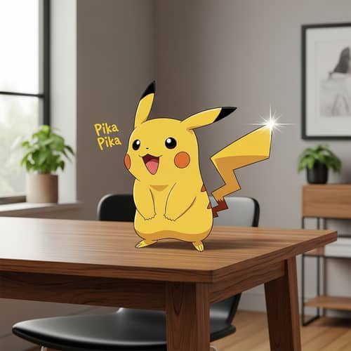 Bright Yellow Pikachu Standing Cheerfully on Wooden Table