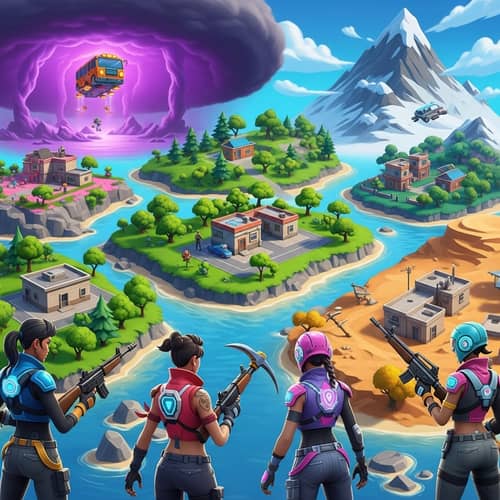 Vibrant Battle Island: Diverse Zones, Colorful Players & Varied Weapons
