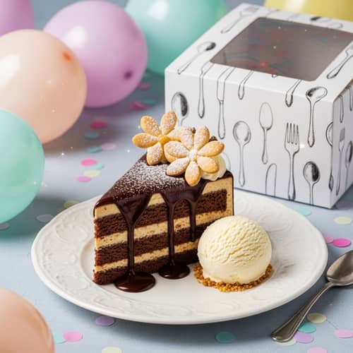 Artfully Decorated Layered Cake with Chocolate Ganache & Vanilla Bean Ice Cream