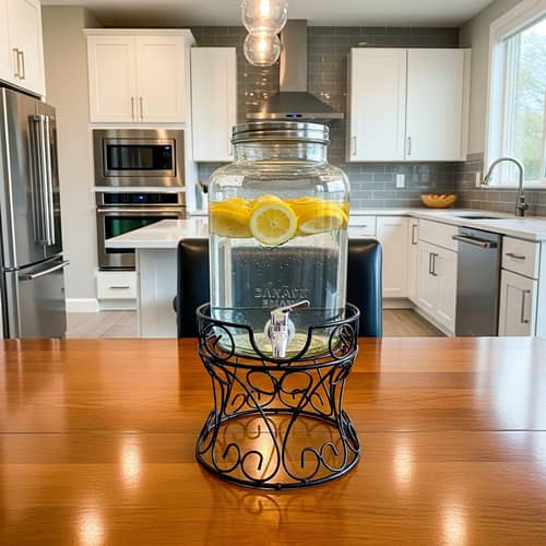 Clear Glass Dispenser on Ornate Metal Stand | Modern Kitchen Decor