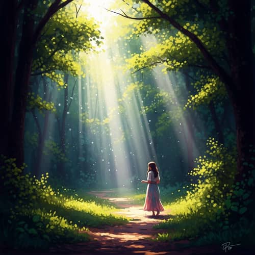 Ethereal Mystical Forest Scene | Serene Woman in Flowing Dress