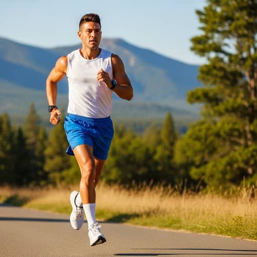 Athletic Hispanic Man Running with Determination | Natural Backdrop