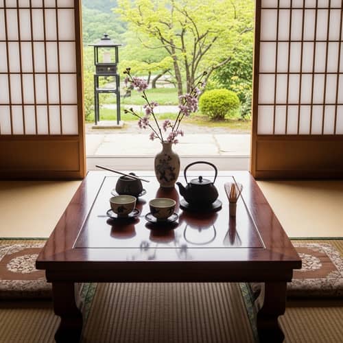 Japanese Tea Table: Serene Setting with Matcha Tea Service
