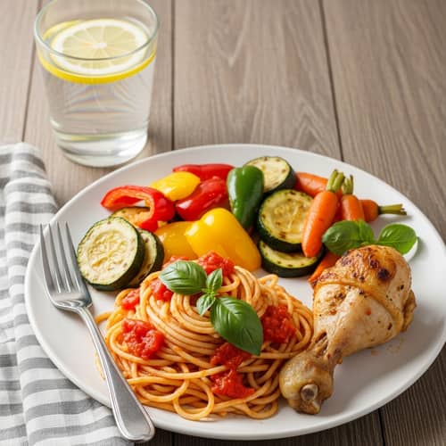 Delicious $10 Meal: Savory Pasta, Roasted Veggies, Baked Chicken