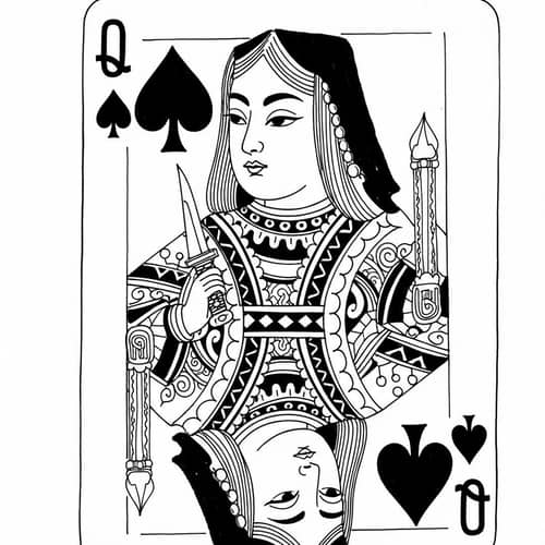 Traditional Chinese Ink Wash Painting of Queen of Spades