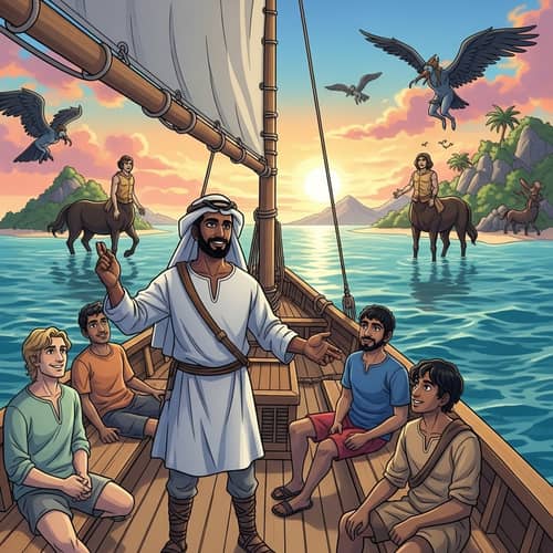 Serene Odyssey with Diverse Crew and Mythical Landscapes