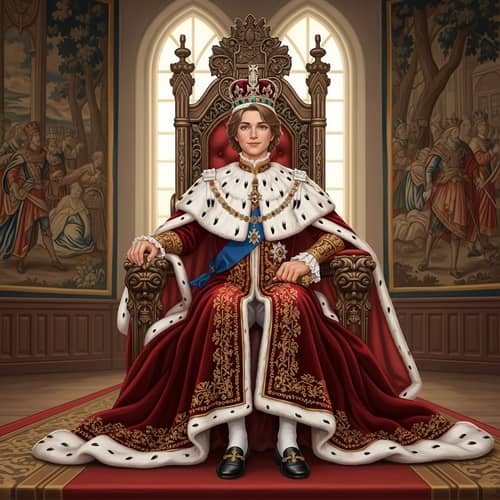 Regal Monarch Sitting on Throne with Crown