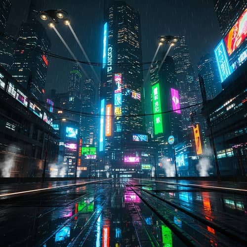 Cyberpunk-Inspired Night Cityscape with Neon Lights