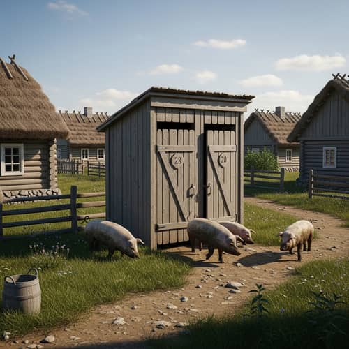 Rustic Village Scene with Playful Pigs - Charming Countryside View