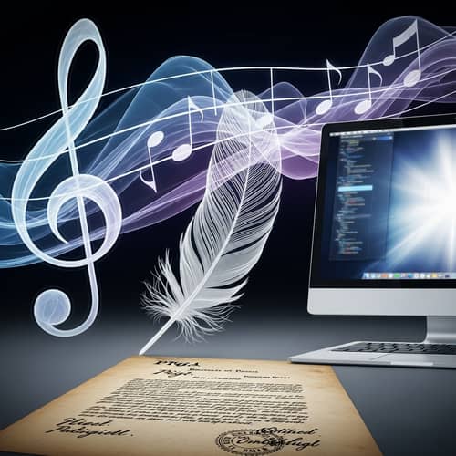 Abstract Treble Clef with Feather, Computer & Patent Document