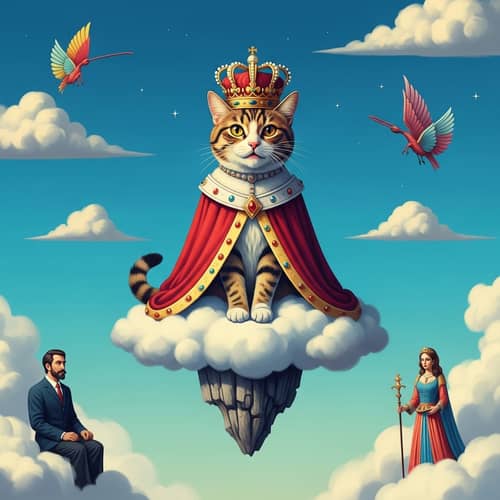 Whimsical Fantasy: Crowned Cat on Floating Cloud | Bold Digital Painting