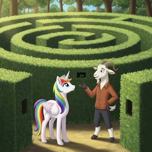 Whimsical Unicorn and Friendly Goat in Labyrinth Forest Maze