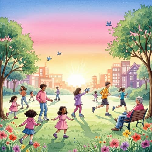 Vibrant Watercolor Scene: Multicultural Park Life & Nature Beauty