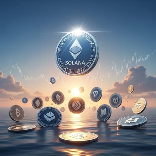 Solana Cryptocurrency Art: Shining Coin Soaring Above a Diverse Crypto Sea