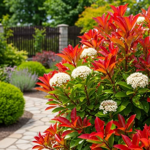 Blooming Photinia Evergreen Shrub in Lush Summer Garden