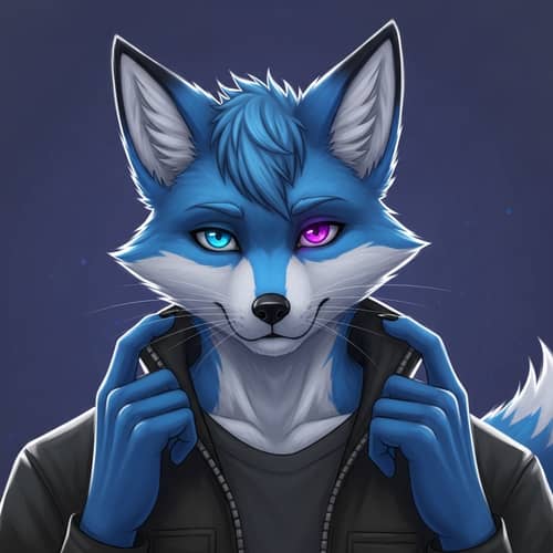 Male Fox Demi-Human with Blue Fur and Heterochromatic Eyes