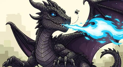Dark Juvenile Dragon: Blue Fire Playfully Engaging Fly