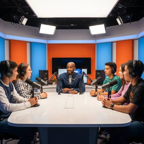 Lively Podcast Interview with Charismatic Host in Modern Studio in Orange and Blue Tones