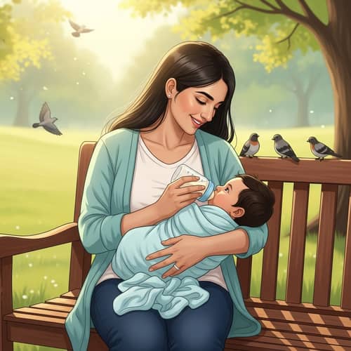 South Asian Mother Nursing Baby in Peaceful Park | Heartwarming Scene