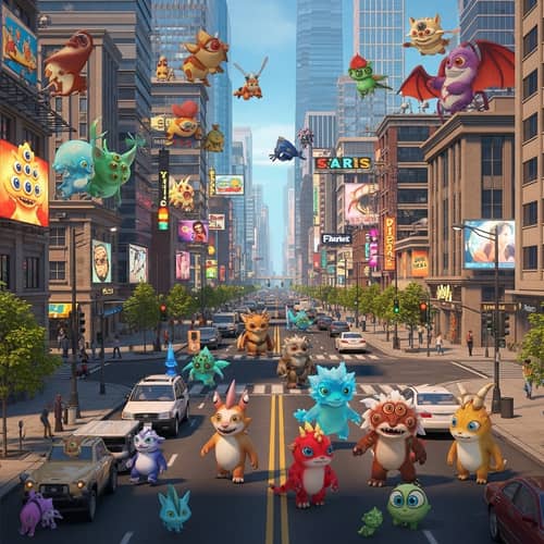 Cityscape from Popular Open-World Game with Friendly Creatures