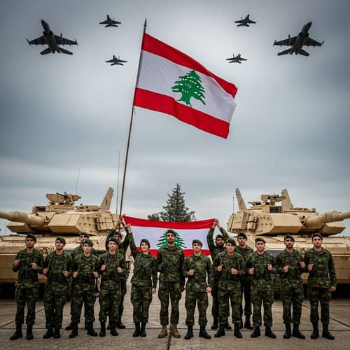 Powerful Display of Patriotism and Unity with Lebanon Flag and Military Tanks