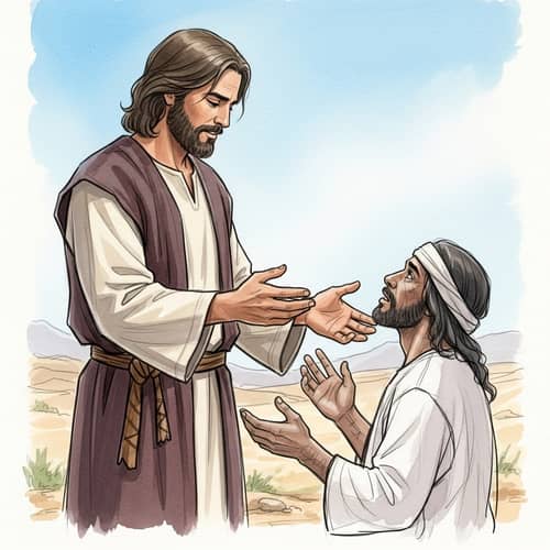 Biblical Scene Watercolor Painting: Healing Encounter in Arid Landscape